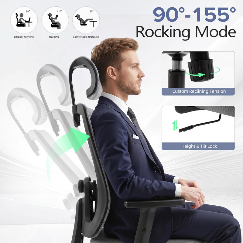 Set of 2 Ergonomic Mesh Office Chairs with Headrest and Flip-Up Arms, Grey gallery