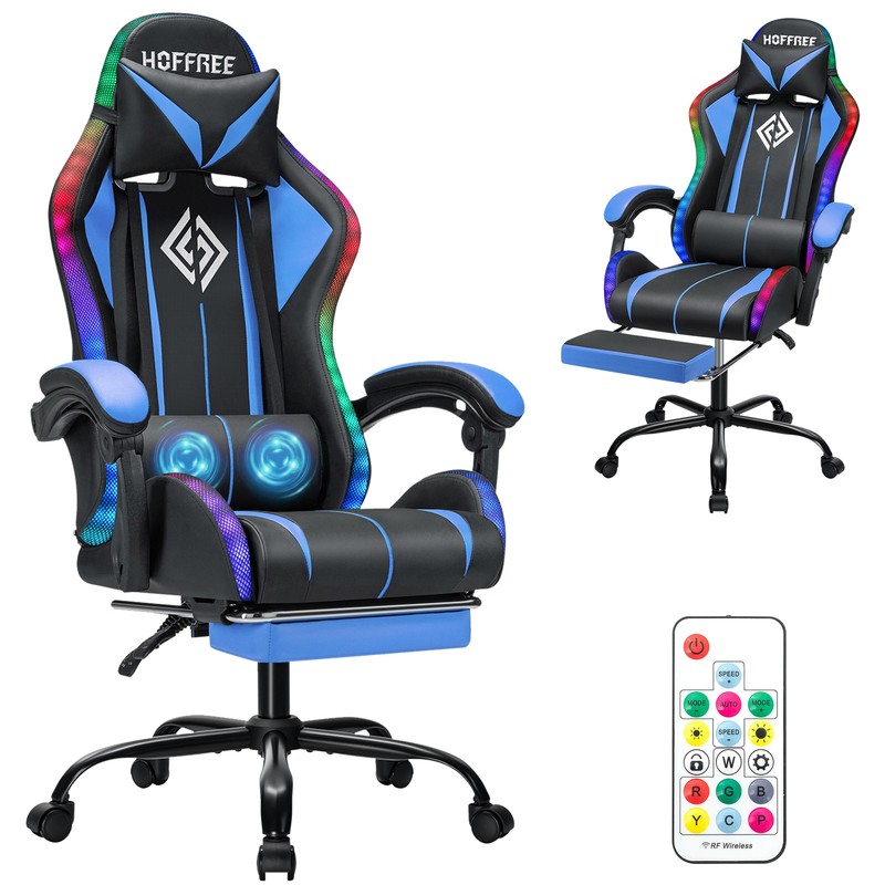 RGB Gaming Chair W/ Massage LED Reclining Ergonomic w/Footrest Lumbar Support