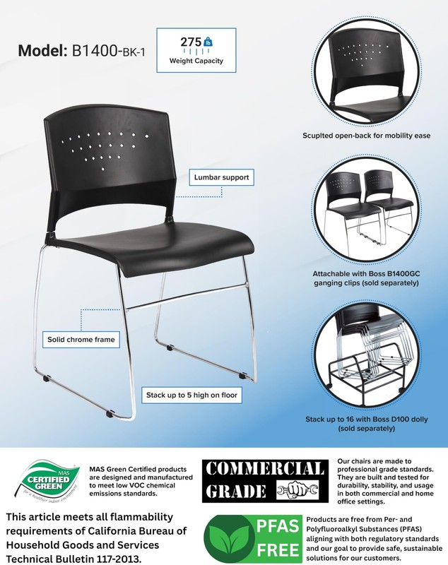 SC1400BLK B1400BK1 Chrome Frame Stack Chair 1 Pack in, Black gallery