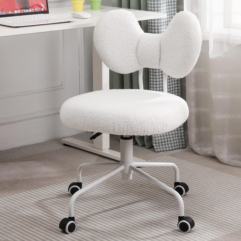 Chic White Velvet Armless Desk Chair with Wheels for Home Office & Bedroom