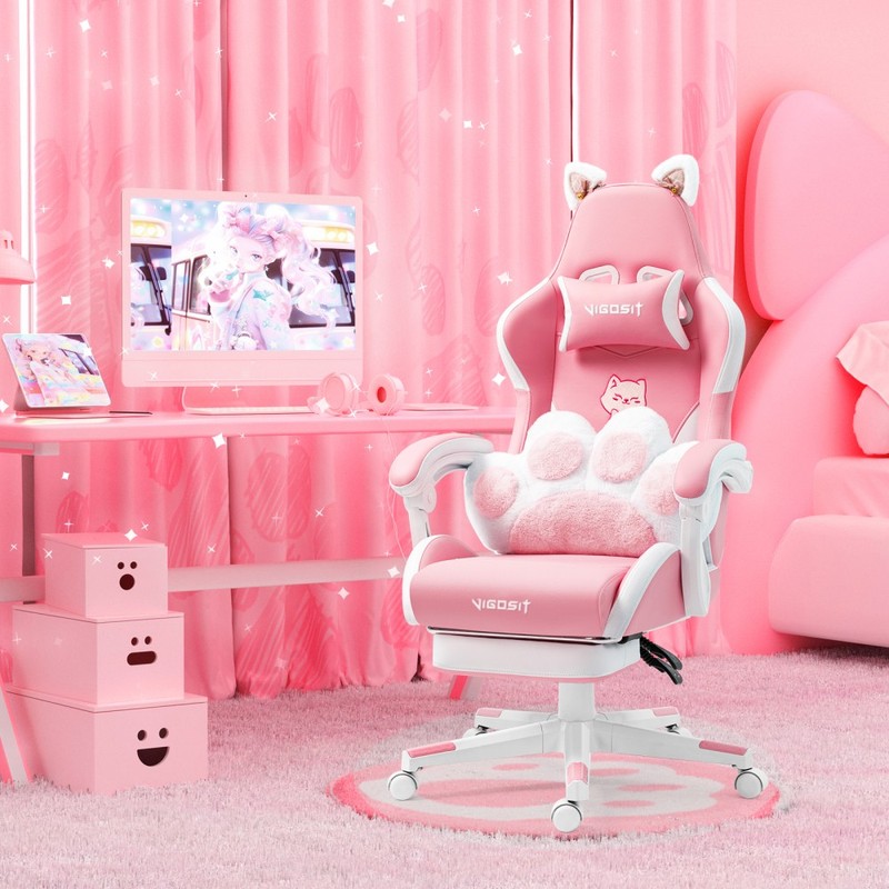 Cat Ears Pink Gaming Chair - Pink PU Leather Ergonomic Reclining Office Chair gallery