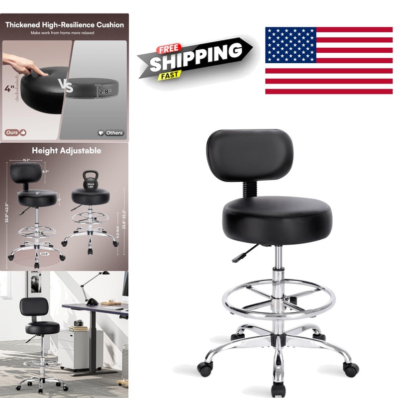 Drafting Chair with Back Cushion Adjustable Foot Rest Black Alloy Steel Seat