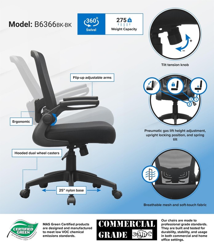 Boss Office Products Flip Arm Mesh Task Chair in Black with Black Frame gallery