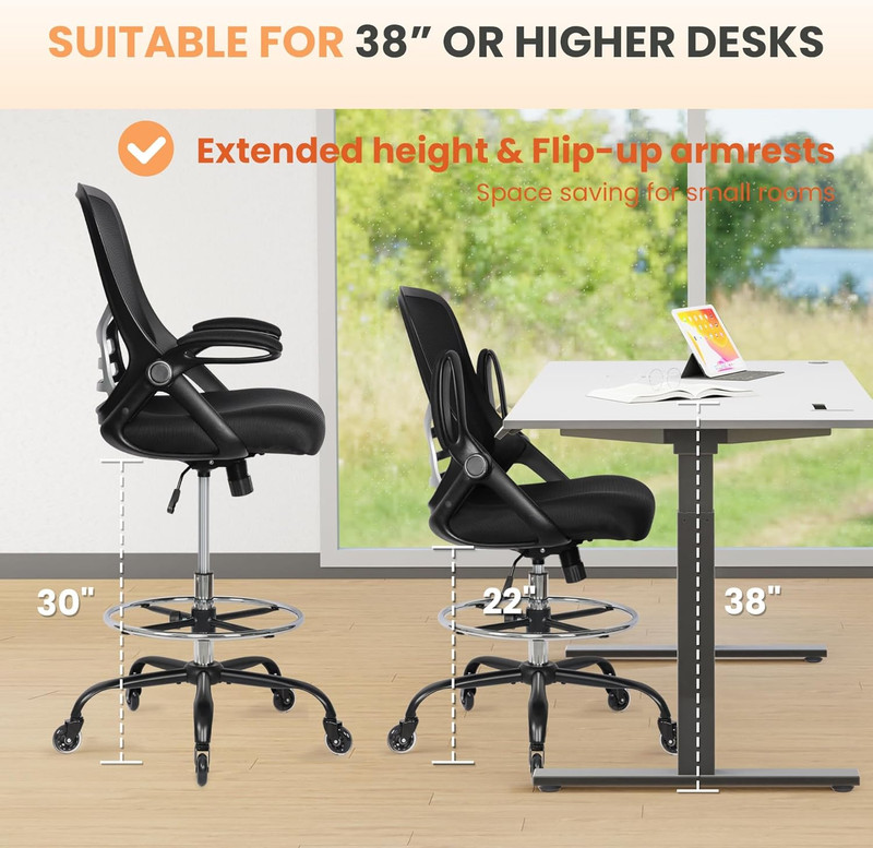 Drafting Chair Tall Office Chair, High Ergonomic Standing Desk Computer Stools w gallery