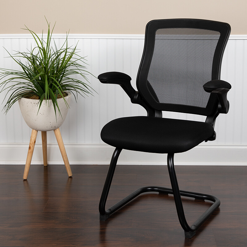 Black Mesh Sled Base Side Reception Chair with Mesh Fabric Seat and Flip-Up Arms gallery