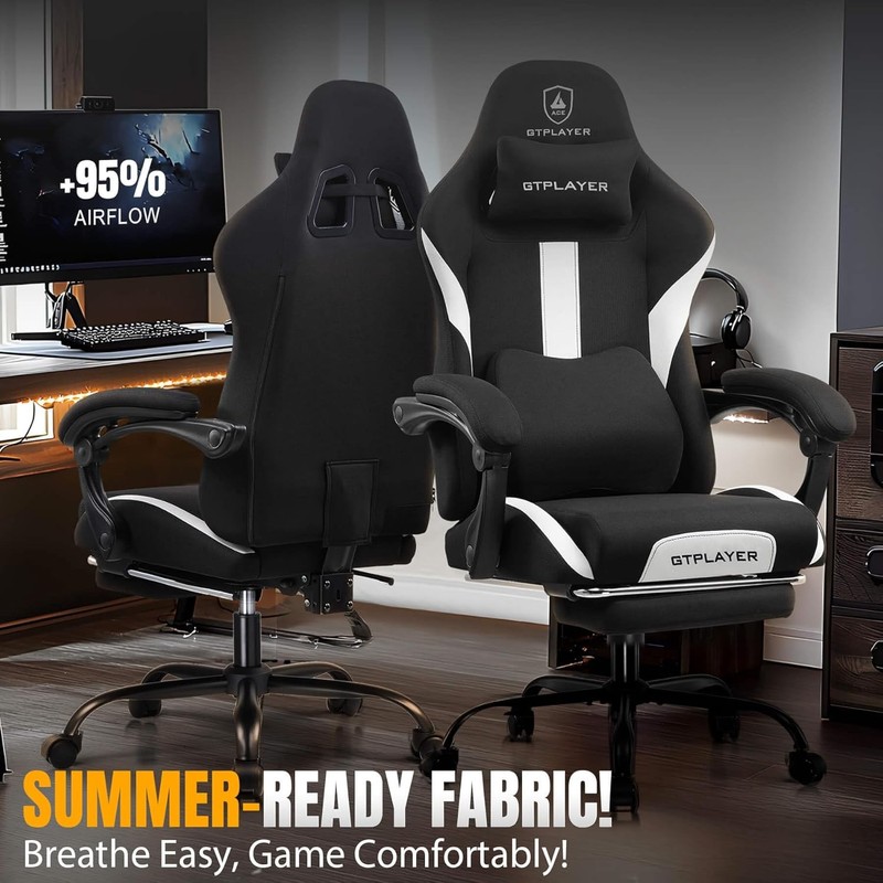 Gaming Chair W/ Foot Rest & Pocket Spring Cushion Breathable Fabric Home Office gallery