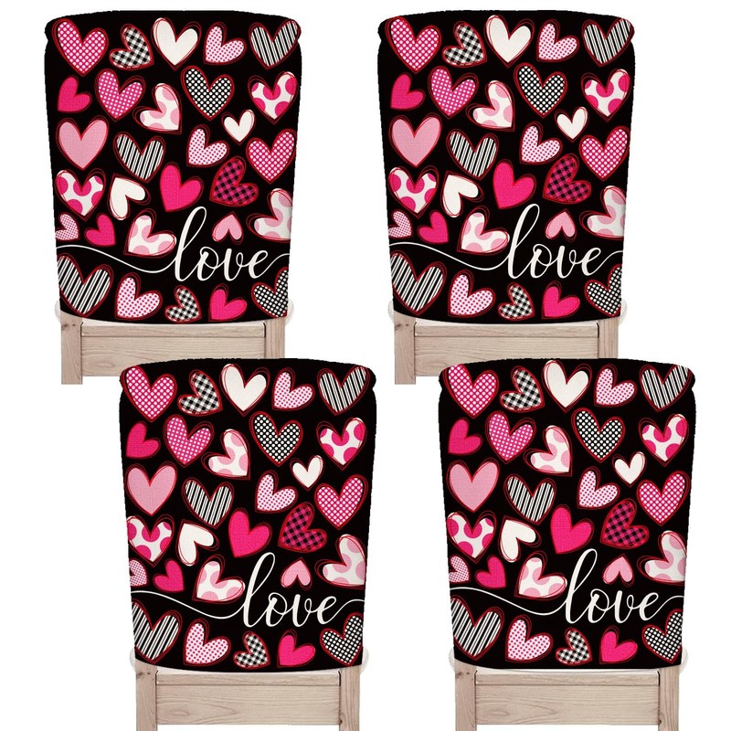 4Pcs Valentine‘s Day Chair Back Cover Black Pink Love Heart Seat Covers Dining C