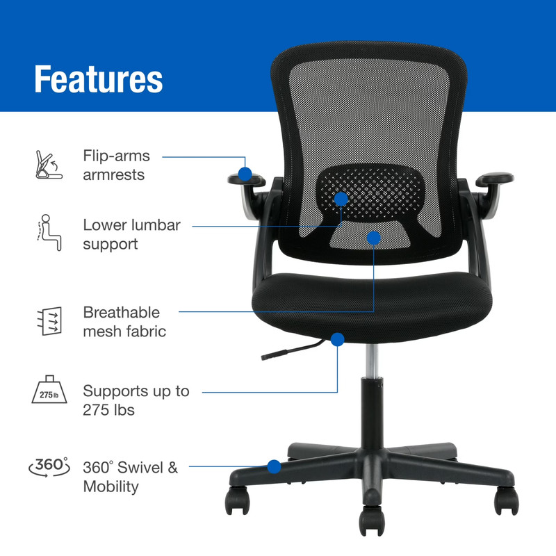 Mainstays Mesh Back Office Chair 275lb Black Ergonomic Flip-Up Arms Ergonomic gallery