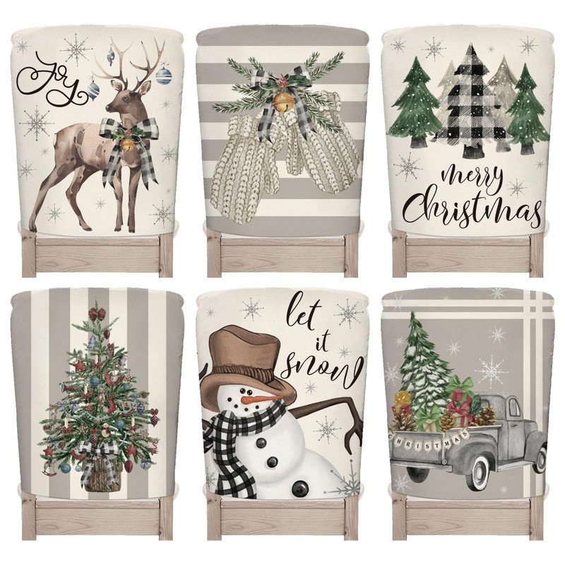 JarThenaAMCS 6Pcs Christmas Chair Back Cover Gray White Xmas Tree Truck Grey