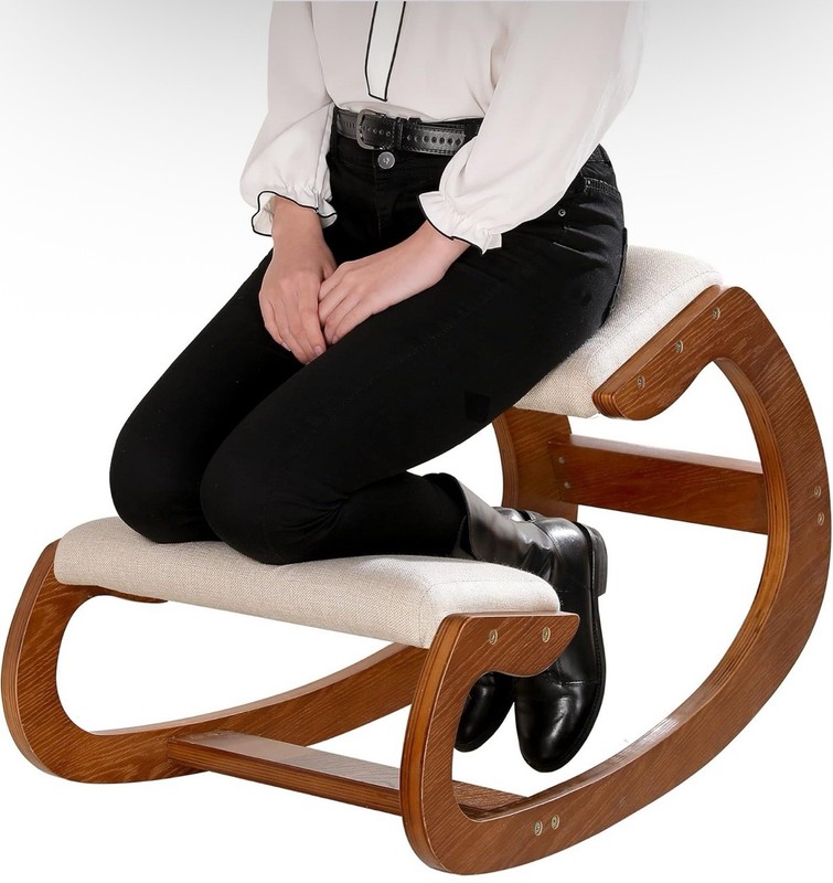 Ergonomic Kneeling Chair Rocking Wooden Posture Stool with Linen Cushion