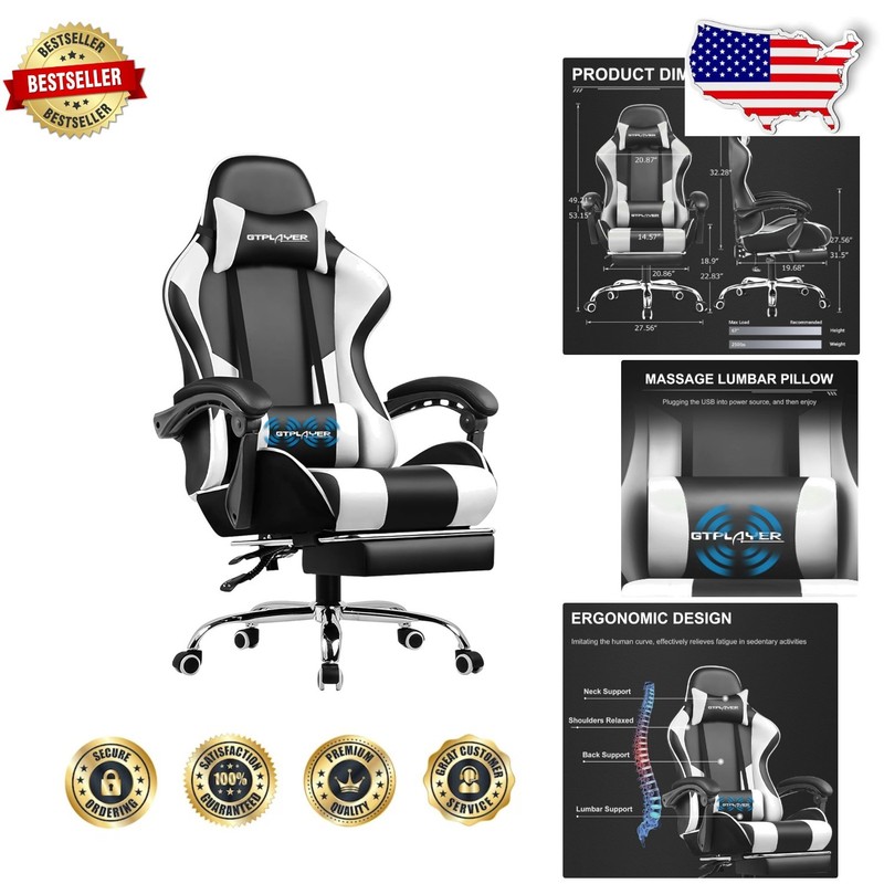 Ergonomic Gaming Chair, Reclining, Footrest, Lumbar Support, White
