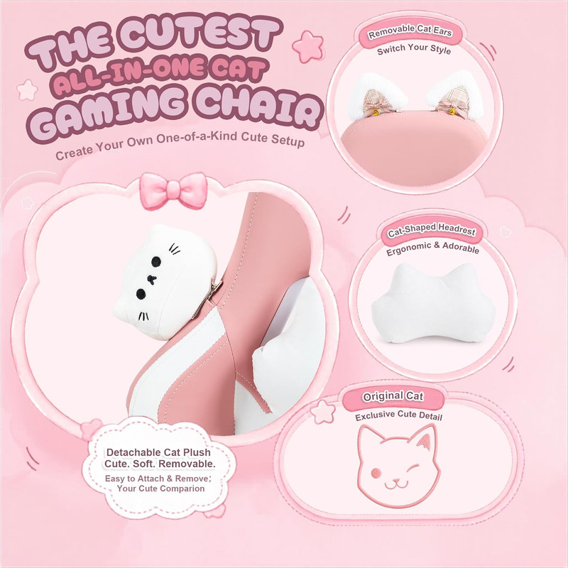 Dowinx Pink Gaming Chair with Cat Ears and Massage Lumbar Support, Ergonomic Com gallery