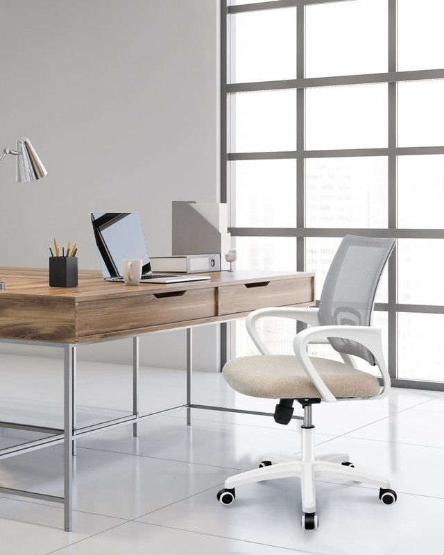 Mesh Office Desk Chair Ergonomic Mid Back Lumbar Support Adjustable Beige gallery