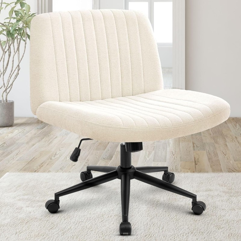 Wide Seat Office Chair Armless Beige Fabric Adjustable for Home Computer Use gallery