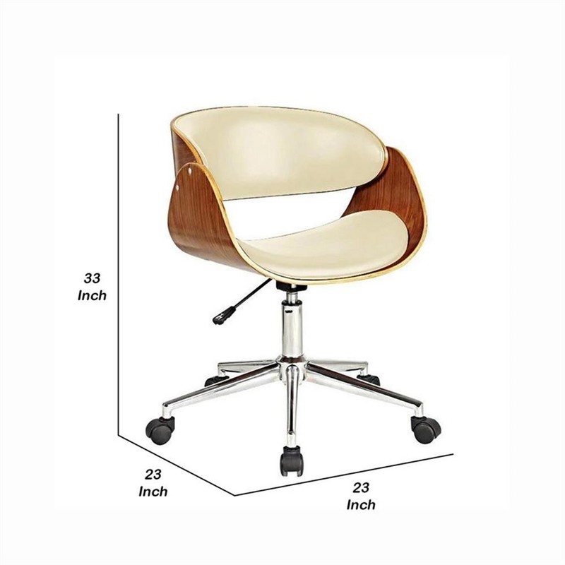Pemberly Row 23 Inch Swivel Office Chair in Beige Faux Leather and Brown Wood gallery