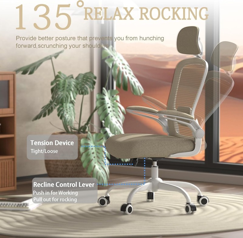 Deluxe Office Chair Beige Swivel Adjustable Lumbar Headrest Flip Arms gallery