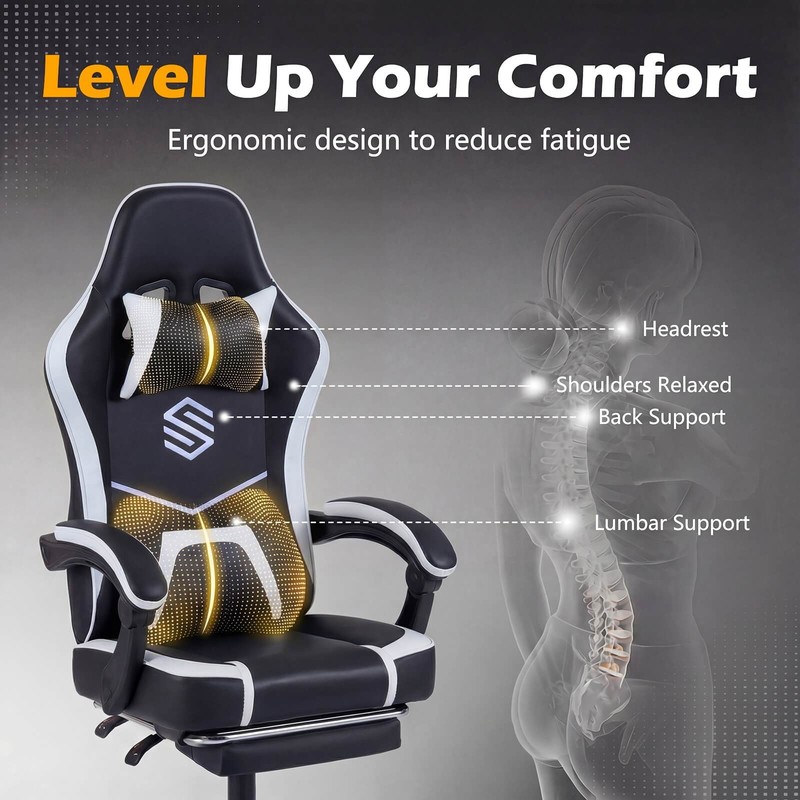 Gaming Chair w/Headrest, Lumbar Support, Linkage Armrests, Reclining Backrest gallery