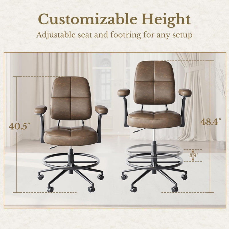 Drafting Executive Chair, Tall Office Chair with Padded Flip-Up Armrests, Mid-Ba gallery