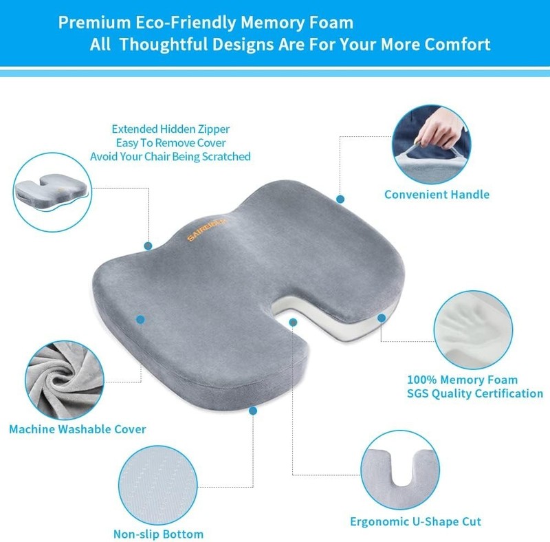 Ergonomic Memory Foam Seat Cushion for Tailbone Pain Relief - Grey 14"x14" gallery