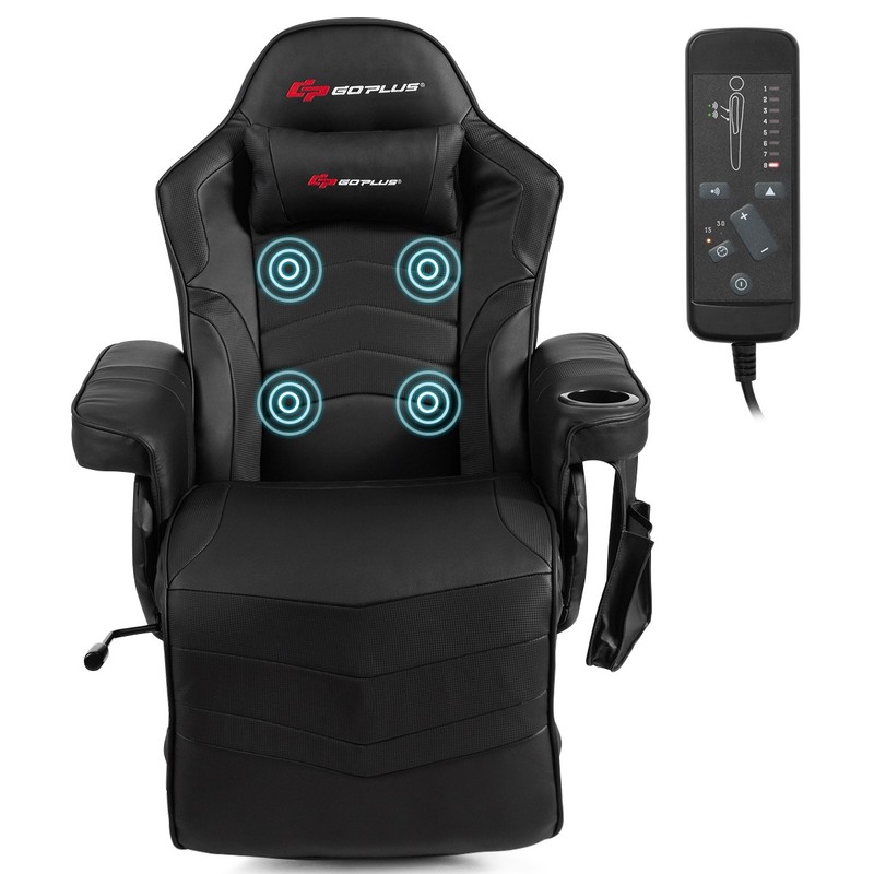 Massage Gaming Recliner Reclining Racing Chair Swivel w/Cup Holder &Pillow Black