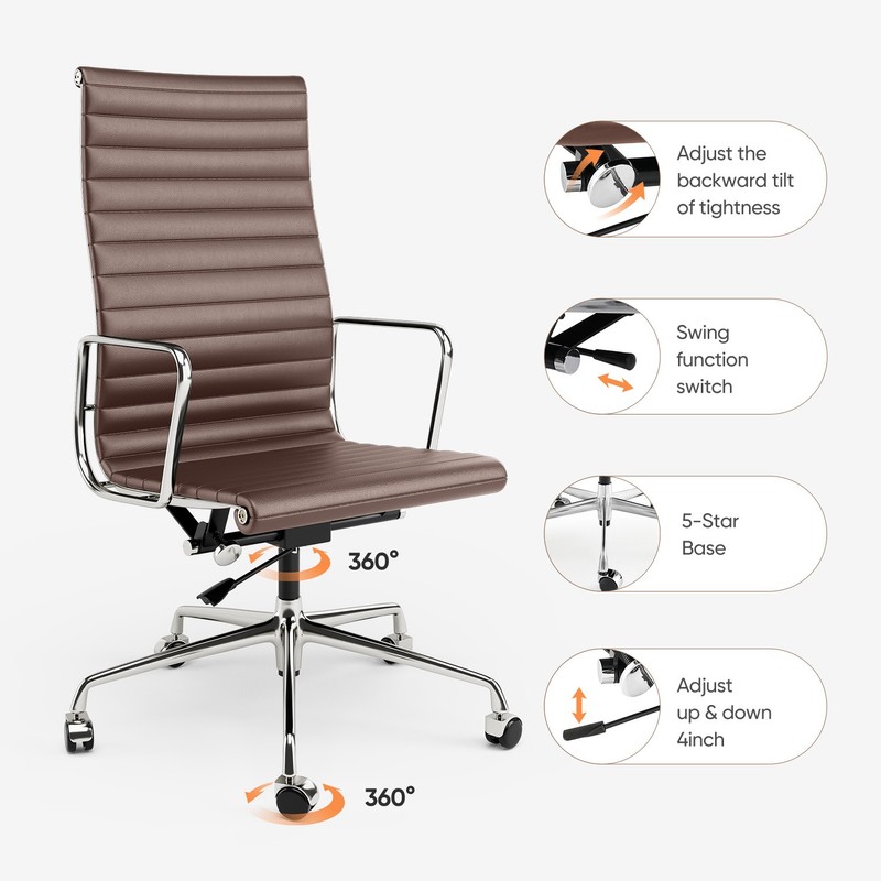 High Mid Back Ribbed Office Chair Genuine Leather Executive Seat Sviwel Armchair gallery