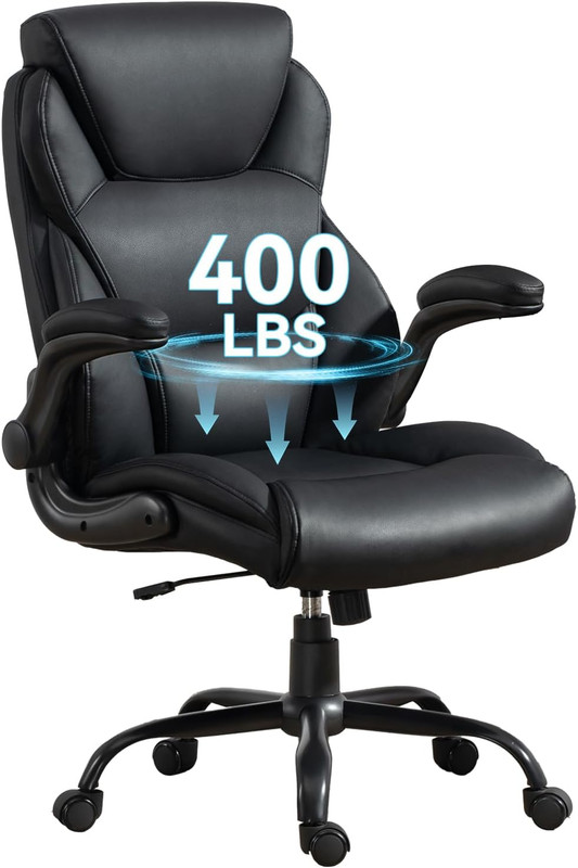 Big & Tall Office Chair, 400LBS, Leather, Flip-up Arms, Black