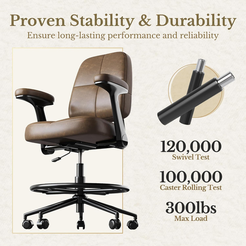 Vintage Brown Drafting Chair with Padded Armrests & 360° Swivel for Office gallery
