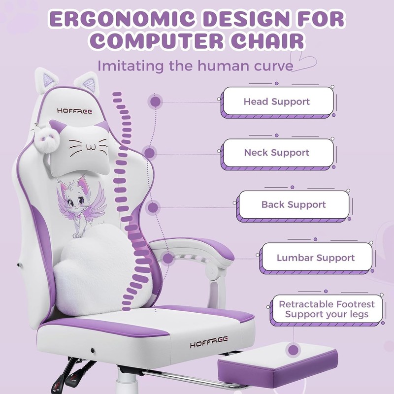 Gaming Chair with Cat Ears and Cloud Massage Lumbar Ergonomic Cute Computer Chai gallery