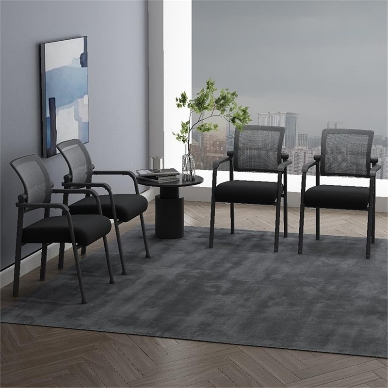 Pemberly Row Mesh Back Fabric Guest Chair with Steel Legs in Black
