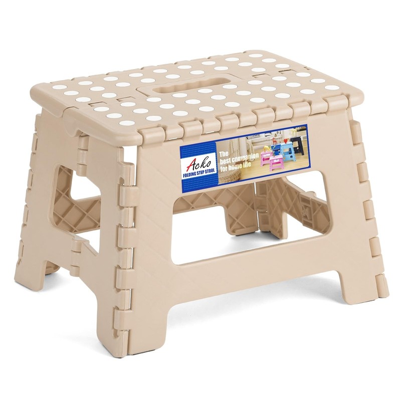 ACKO Folding Step Stool 9 Inch 300 lb Capacity, Plastic 9 Inch, Khaki