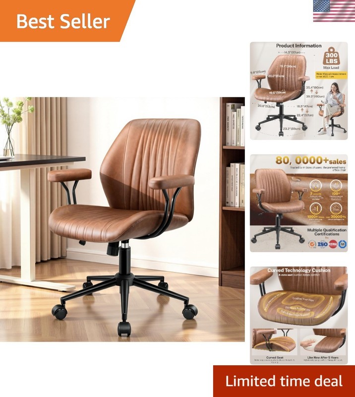 Leather Office Chair with Removable Armrests, Mid Back Ergonomic Desk Chair w…