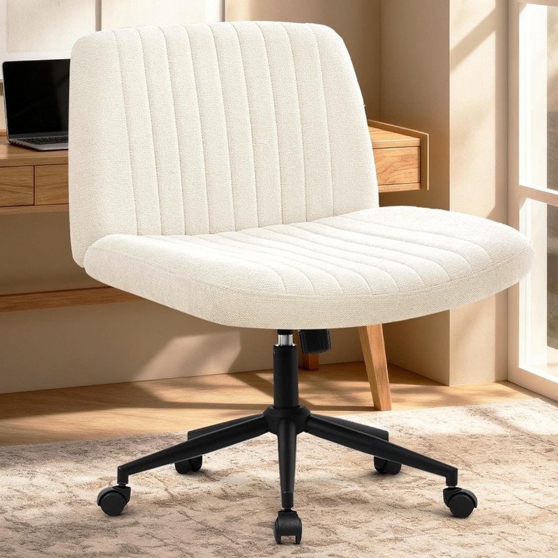 Wide Seat Office Chair Armless Beige Fabric Adjustable for Home Computer Use gallery