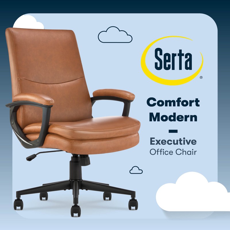 Serta Comfort Modern Executive Office Chair Metal Base Bonded Leather Cognac