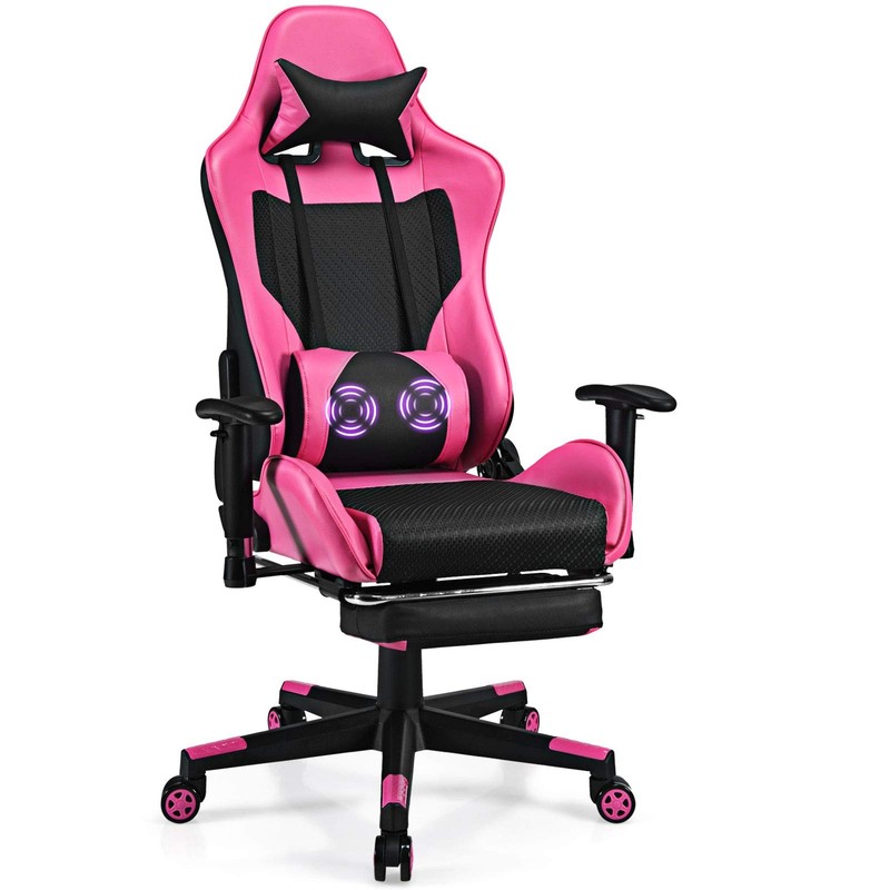 Massage Gaming Chair Pink, Ergonomic Video Game Chair with Footrest, High Bac…