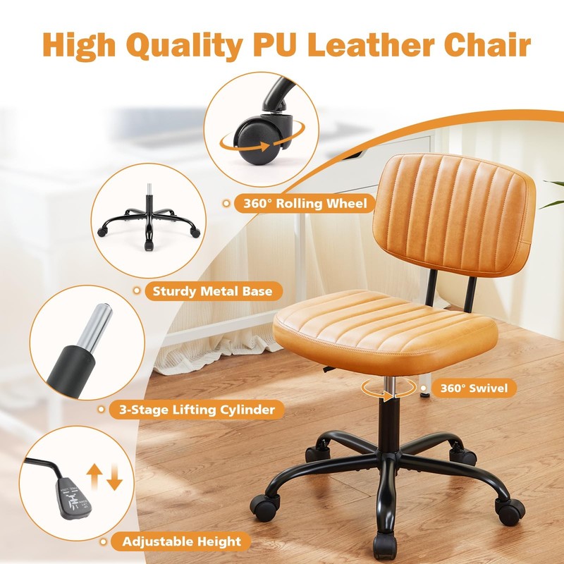 Small Office Desk Chair - Armless PU Leather with Comfy Lumbar Support, Heigh... gallery