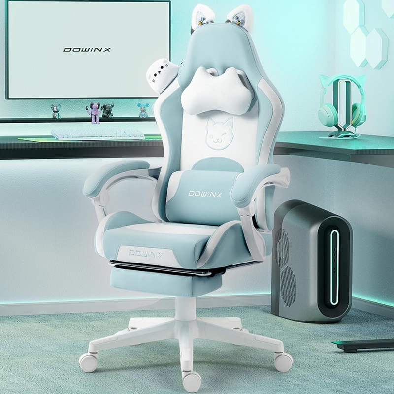 Dowinx Gaming Chair Cute with Cat Ears and Massage Lumbar Support, Ergonomic Com
