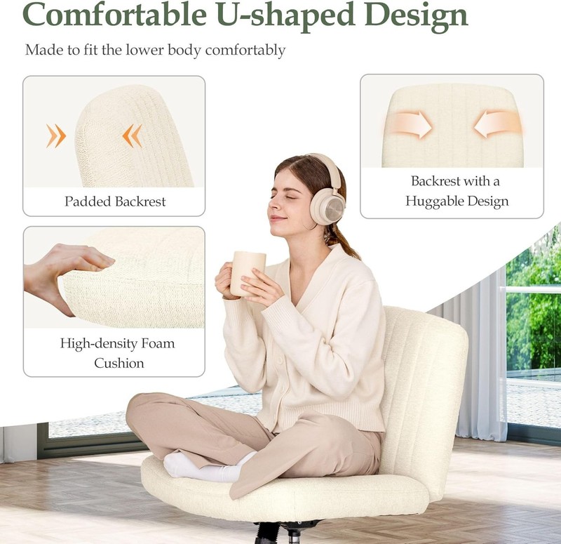 Wide Seat Office Chair Armless Beige Fabric Adjustable for Home Computer Use gallery