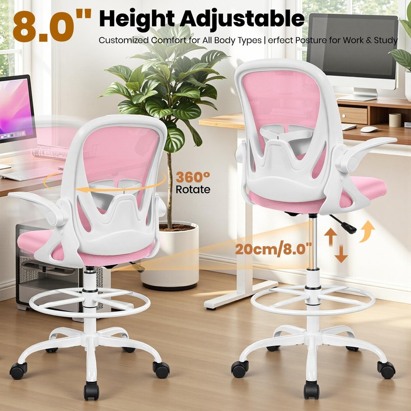 Primy Drafting Chair Tall Office with Flip-up Armrests 934-Z, Pink gallery