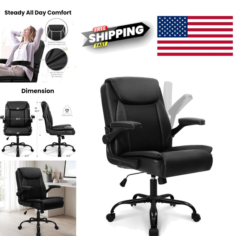 Desk Office Gaming Chair Ergonomic Black and White Leather with Flip Up Armrests