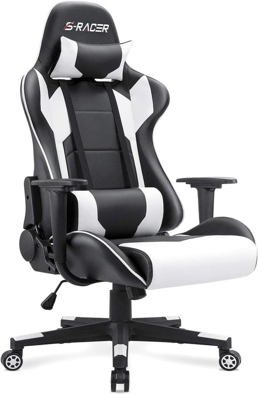 Gaming Chair, Office Chair High Back Computer Chair Leather Desk (White)