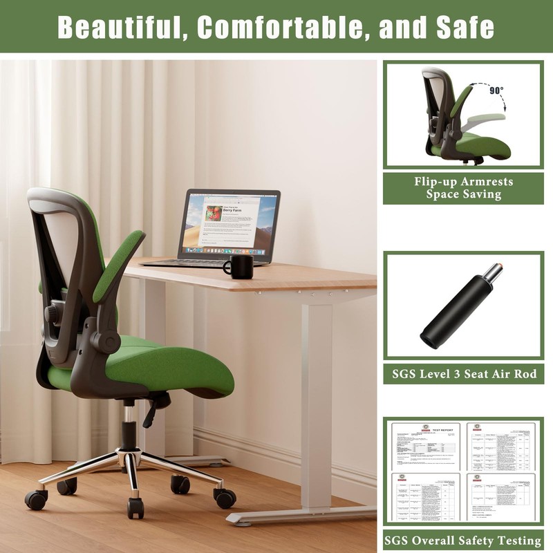 Green Ergonomic Office Desk Chair, Soft Fabric Thickened Curved seat Cushion ... gallery