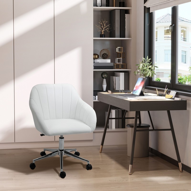 Faux Leather U-Shaped Office Chair, Stitched Accent Armchair, White,Refurbished
