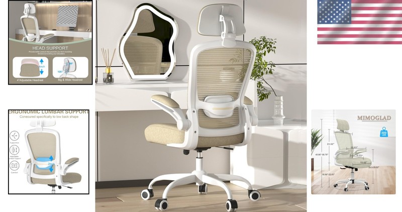Deluxe Office Chair Beige Swivel Adjustable Lumbar Headrest Flip Arms gallery