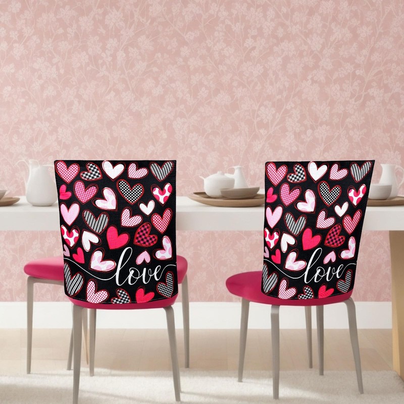 4Pcs Valentine‘s Day Chair Back Cover Black Pink Love Heart Seat Covers Dining C gallery