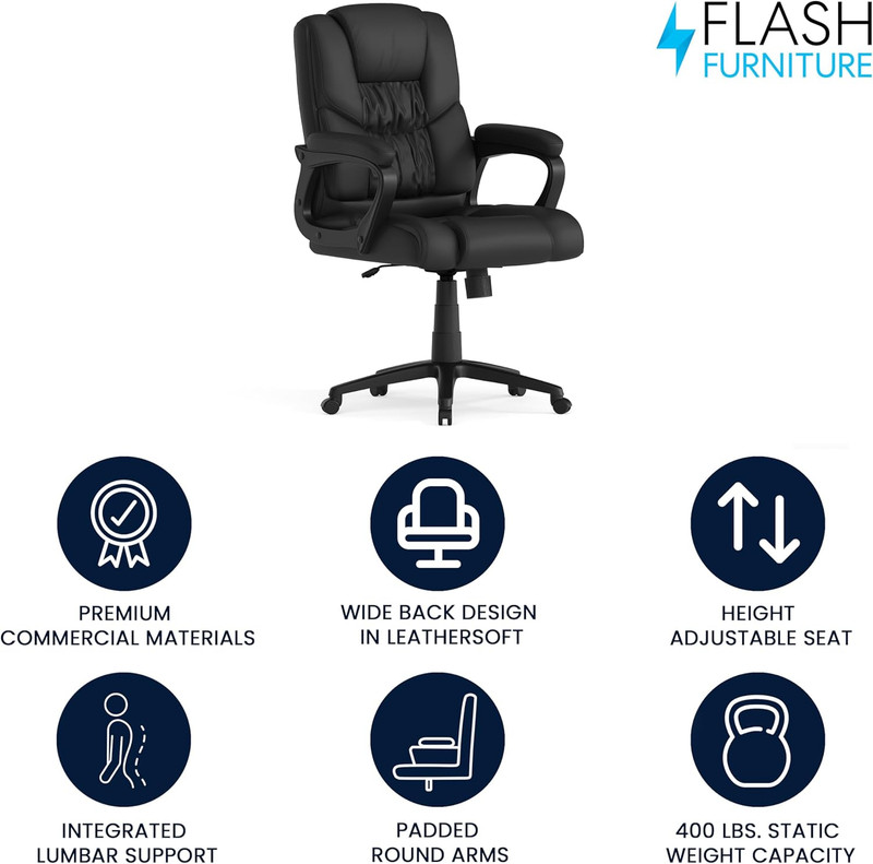 Ergonomic Big & Tall Swivel Office Chair with Padded Armrests, Black gallery
