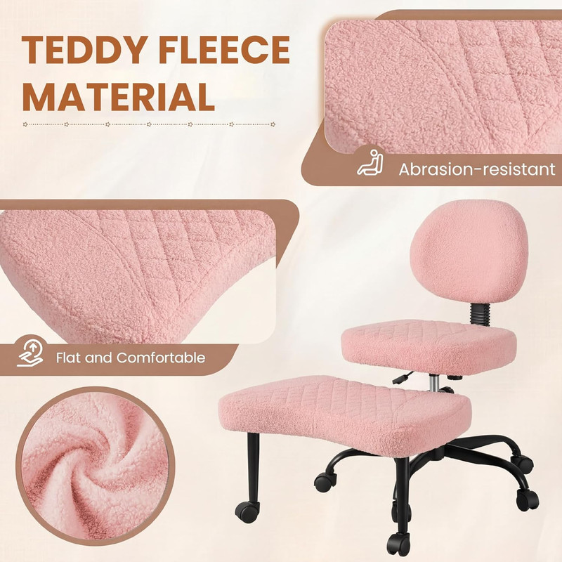 Adjustable Ergonomic Cross Legged Office Chair with Wheels - Pink Teddy Fleece gallery