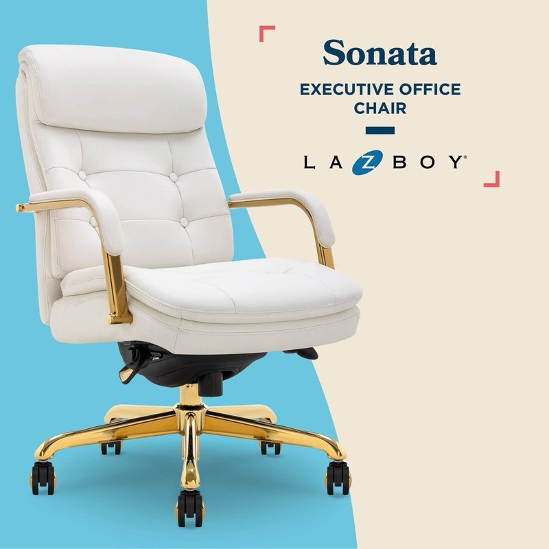Lazboy Sonata Leather Swivel Executive Office Chair – White/Gold – CCHR10014A
