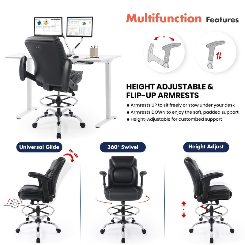 CHAIRMAN® Ergonomic Faux Leather Adjustable Drafting Office Chair with Foot Ring gallery