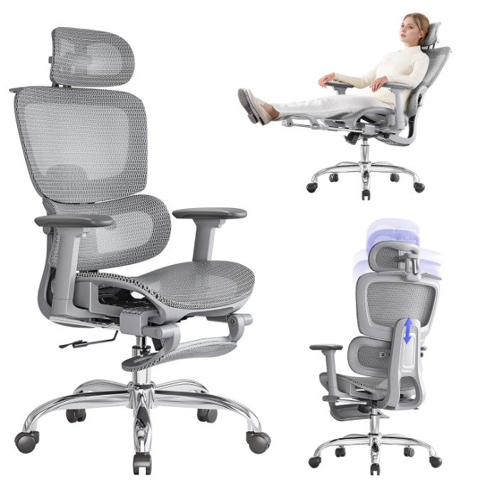 Silla de Oficina Ergonómica con Reposapiés, Cabecero 3D y Soporte Lumbar Gris