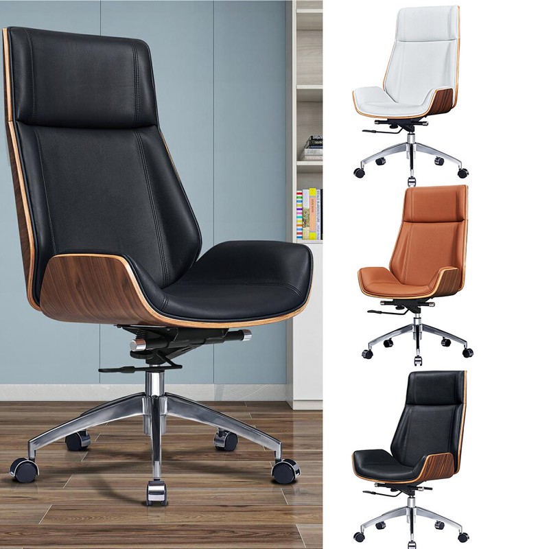 Ergonomic Office Chair Armless Chair Genuine Leather Desk Chair Walnut Wood